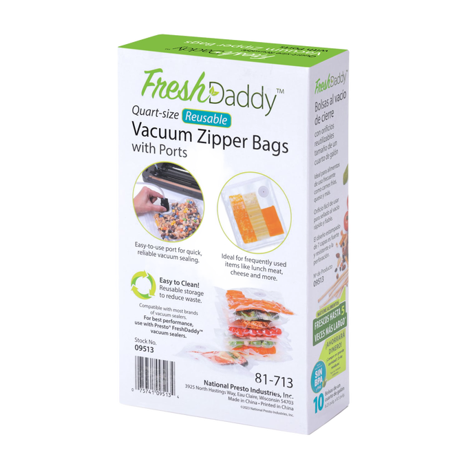Box of quart-size reusable vacuum zipper bags with ports for easy sealing, ideal for preserving lunch meat, cheese, and vegetables, featured in Kitchen & Food and Food Preservation collections.