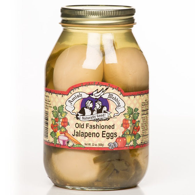 Glass jar of old fashioned jalapeno eggs with vintage-style label featuring vegetables, handcrafted and made in USA, perfect for Kitchen & Food, Pantry, Best Sellers, and Promo Eligible collections.