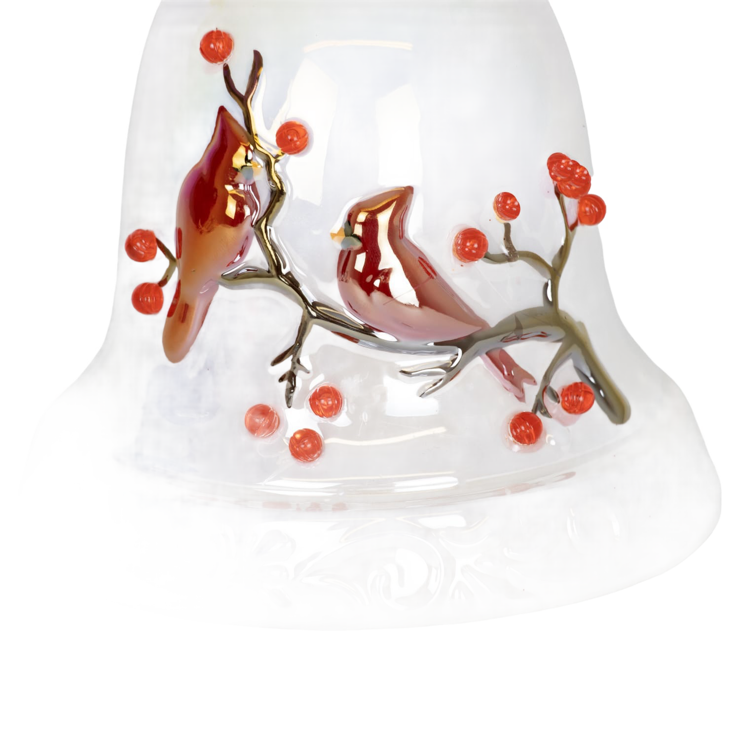 Handcrafted decorative bell featuring two red cardinals perched on a branch with bright red berries, made from durable dolomite for Home & Decor, Holiday Decor, Promo Eligible collections.