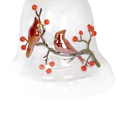 Handcrafted decorative bell featuring two red cardinals perched on a branch with bright red berries, made from durable dolomite for Home & Decor, Holiday Decor, Promo Eligible collections.