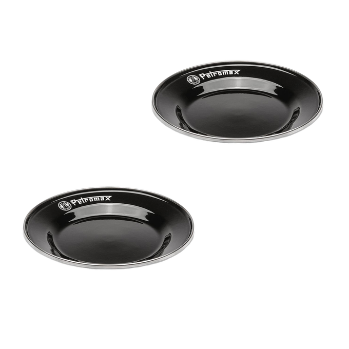 Two durable black enamel plates with Petromax logo, lightweight and heat-resistant, ideal for Farm, Garden & Tool, Kitchen & Food, Camping, Dinnerware, Best Sellers, and Promo Eligible collections.