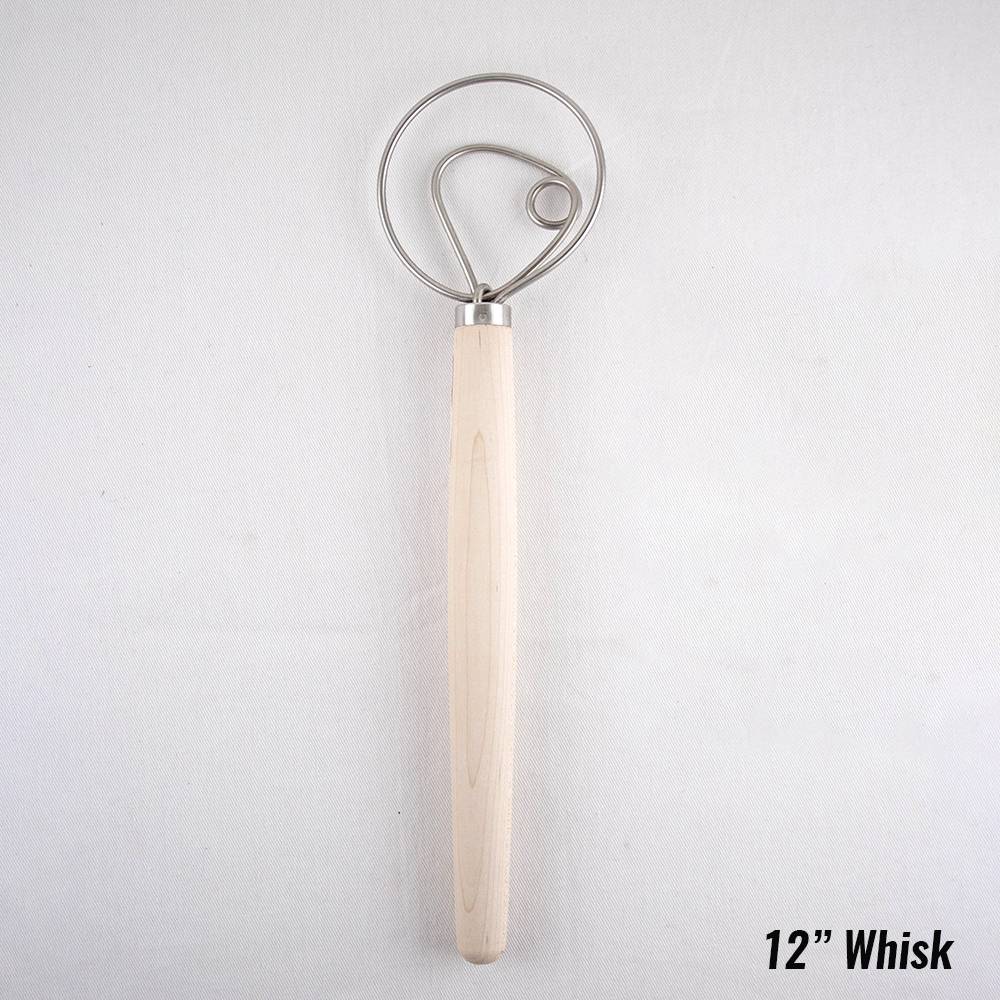 Handcrafted dough whisk with a smooth wooden handle and two sturdy spiral wires, Amish made in the USA, perfect for baking and cooking in Kitchen & Food and Baking Supplies collections.