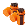 Two orange waterproof containers each filled with tightly packed brown-headed matches and equipped with built-in striking surfaces, designed for reliable outdoor use in camping and emergency supplies.