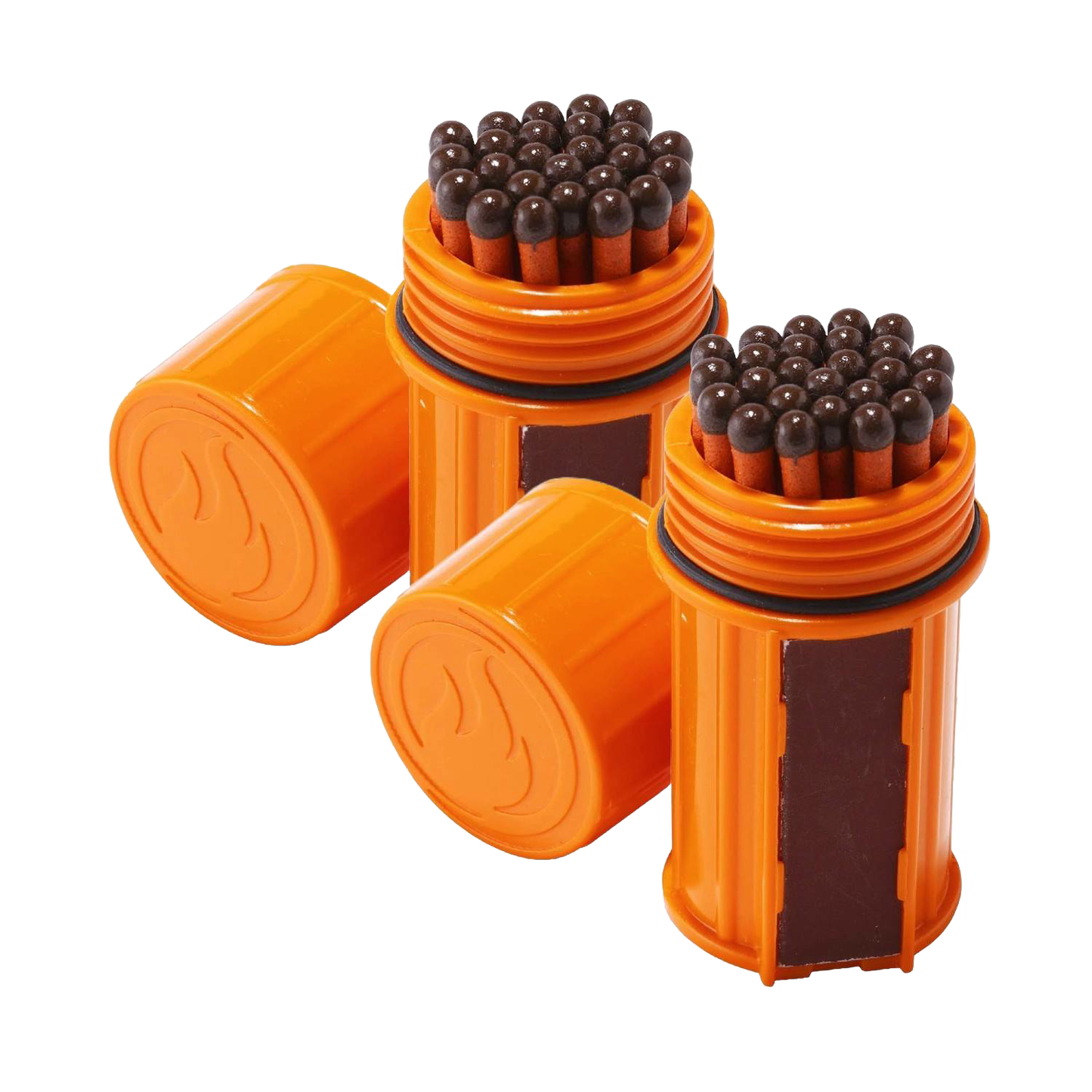 Two orange waterproof containers each filled with tightly packed brown-headed matches and equipped with built-in striking surfaces, designed for reliable outdoor use in camping and emergency supplies.