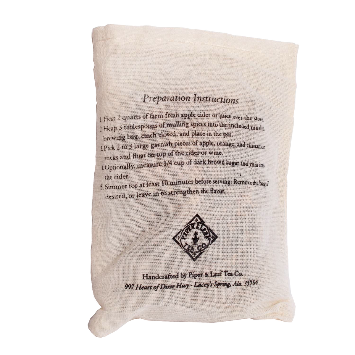Muslin bag of handcrafted mulling spices with printed preparation instructions for making mulled cider, featured in Kitchen & Food, Beverages, USA Made, Best Sellers, and Promo Eligible collections.