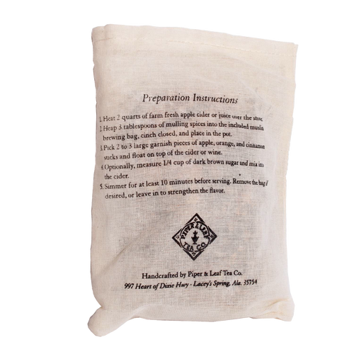 Muslin bag of handcrafted mulling spices with printed preparation instructions for making mulled cider, featured in Kitchen & Food, Beverages, USA Made, Best Sellers, and Promo Eligible collections.