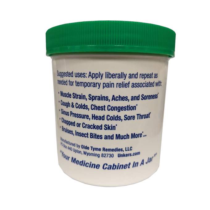 Jar of handcrafted therapeutic rub with green lid, listing uses like muscle aches, colds, skin care, and insect bites, featured in Health & Wellness, USA Made, and Best Sellers collections.