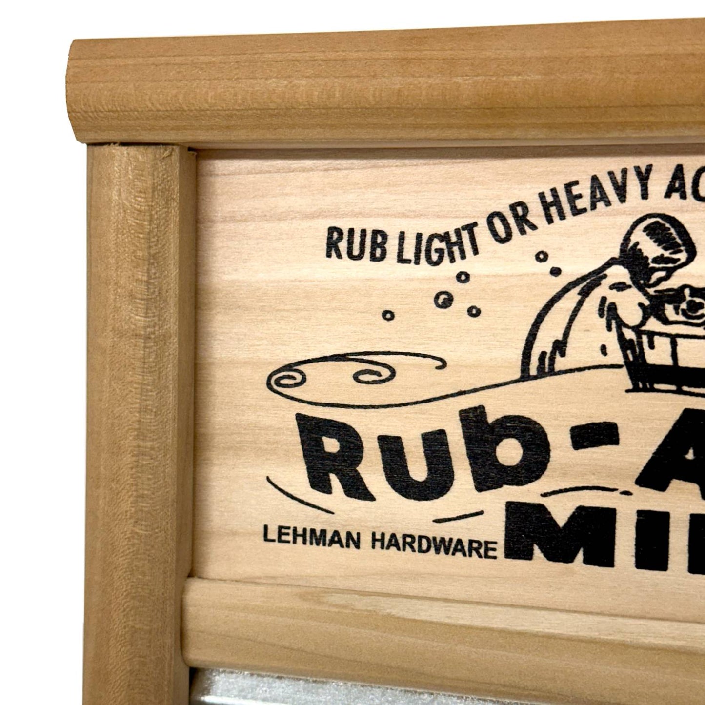 Close-up of a handcrafted wooden washboard frame with decorative printed text emphasizing hand or heavy stain removal, featured in Home & Decor and Laundry Supplies collections.