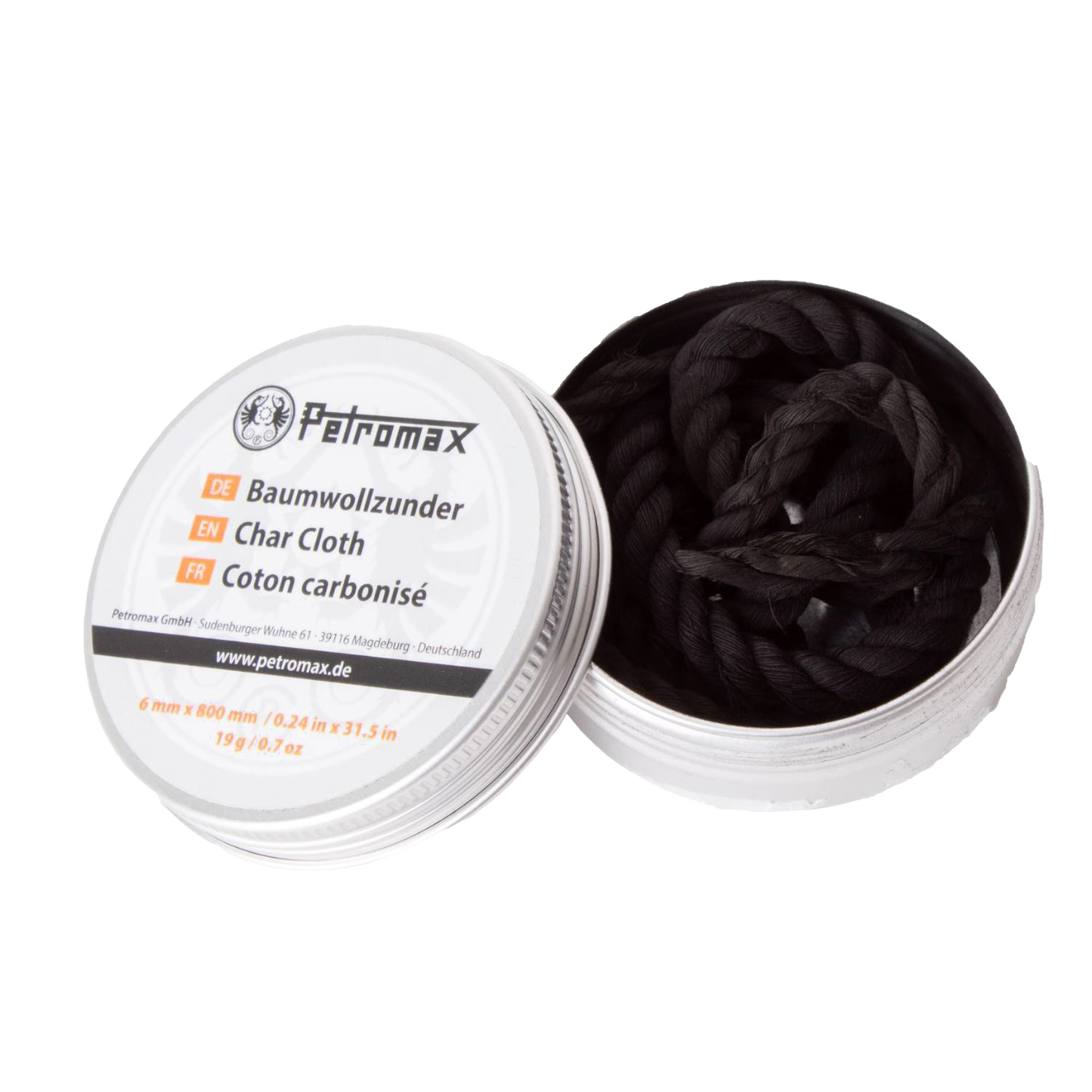 Open metal tin containing tightly woven black char cloth strips, designed for fire-starting, suitable for Farm, Garden & Tool, Camping, Best Sellers, and Promo Eligible collections.