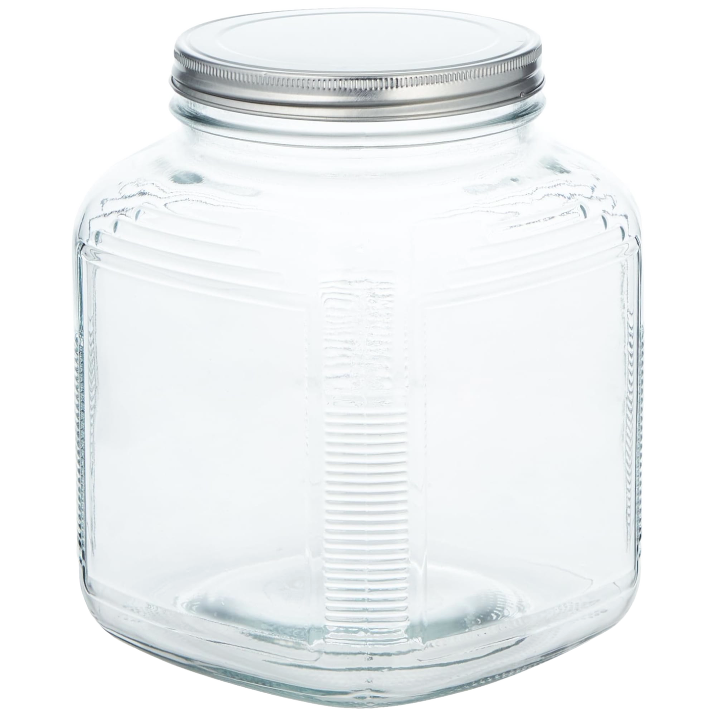 Clear square glass jar with a metal screw-on lid, designed as a 1 gallon replacement container for butter churning, made in the USA and included in Kitchen & Food and Specialty Equipment collections.
