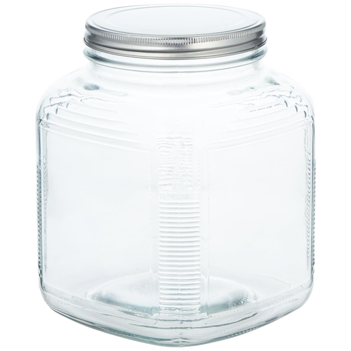 Clear square glass jar with a metal screw-on lid, designed as a 1 gallon replacement container for butter churning, made in the USA and included in Kitchen & Food and Specialty Equipment collections.