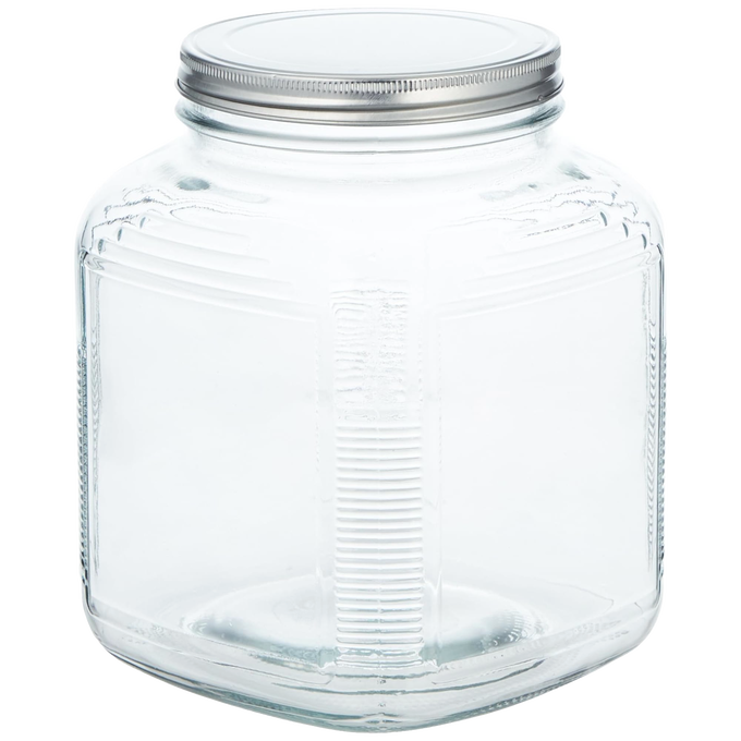 Clear square glass jar with a metal screw-on lid, designed as a 1 gallon replacement container for butter churning, made in the USA and included in Kitchen & Food and Specialty Equipment collections.