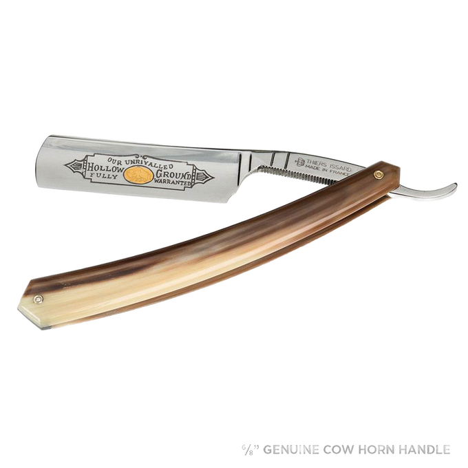 Classic straight razor with a polished steel blade featuring intricate engraving and a smooth, handcrafted brown handle, suited for Grooming and Personal Hygiene, Health & Wellness, and Best Sellers collections.