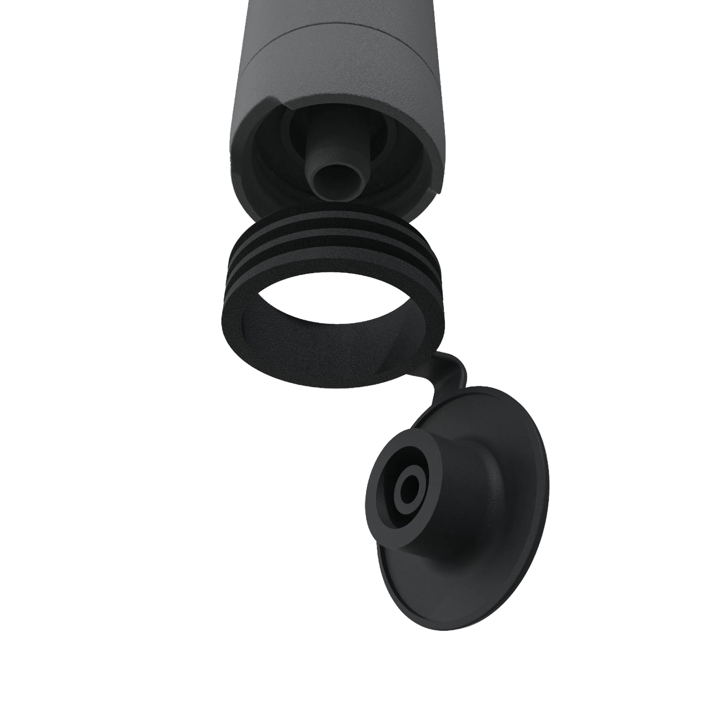 Close-up view of the black detachable cap and protective mouthpiece of a handheld water filter straw designed for camping, emergency supplies, and outdoor water treatment.