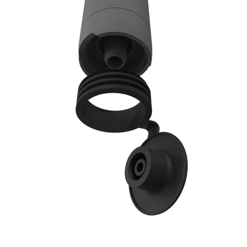 Close-up view of the black detachable cap and protective mouthpiece of a handheld water filter straw designed for camping, emergency supplies, and outdoor water treatment.