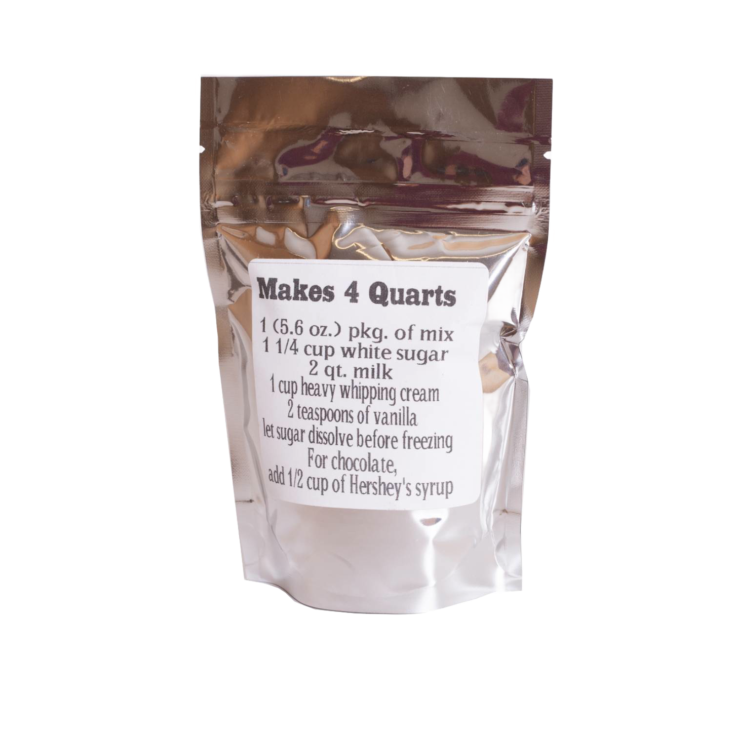 Resealable foil pouch of handcrafted homemade ice cream mix made in USA, featuring recipe instructions, ideal for Kitchen & Food, Dry Goods and Mixes, Making Ice Cream, and USA Made collections.
