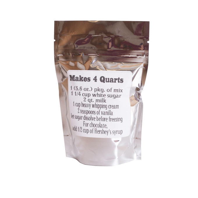 Resealable foil pouch of handcrafted homemade ice cream mix made in USA, featuring recipe instructions, ideal for Kitchen & Food, Dry Goods and Mixes, Making Ice Cream, and USA Made collections.
