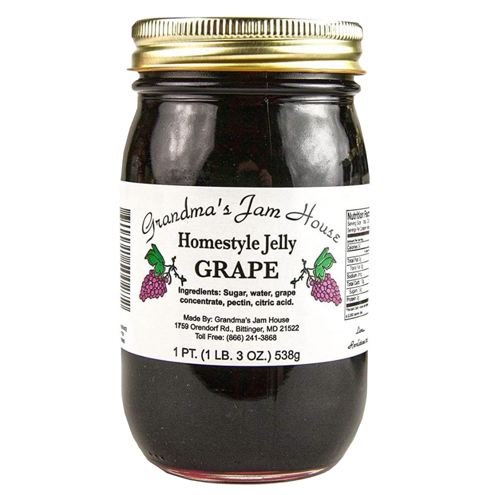 Handcrafted jar of grape homestyle jelly with gold metal lid and white label featuring grape cluster illustrations, made in USA, ideal for Kitchen & Food, Pantry, Peanut Butter & Jellies, USA Made, Best Sellers, and Promo Eligible collections.