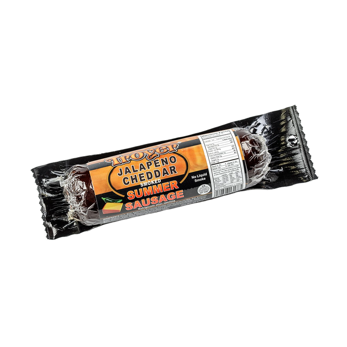 Handcrafted jalapeno cheddar smoked summer sausage made in USA, vacuum-sealed for freshness, ideal for Kitchen & Food, Snacks and Sweets, Pantry, Meats, USA Made, and Best Sellers collections.