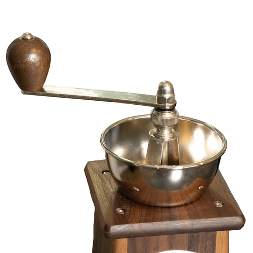 Handcrafted Santos Top-Crank German coffee mill with walnut wood base and stainless steel grinding bowl, ideal for Kitchen & Food, Brewing Coffee and Tea, and Best Sellers collections.