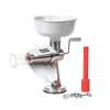 Handcrafted tomato press and sauce maker with a large white hopper and sturdy metal frame, clamps securely to surfaces, ideal for Kitchen & Food and Food Prep collections.