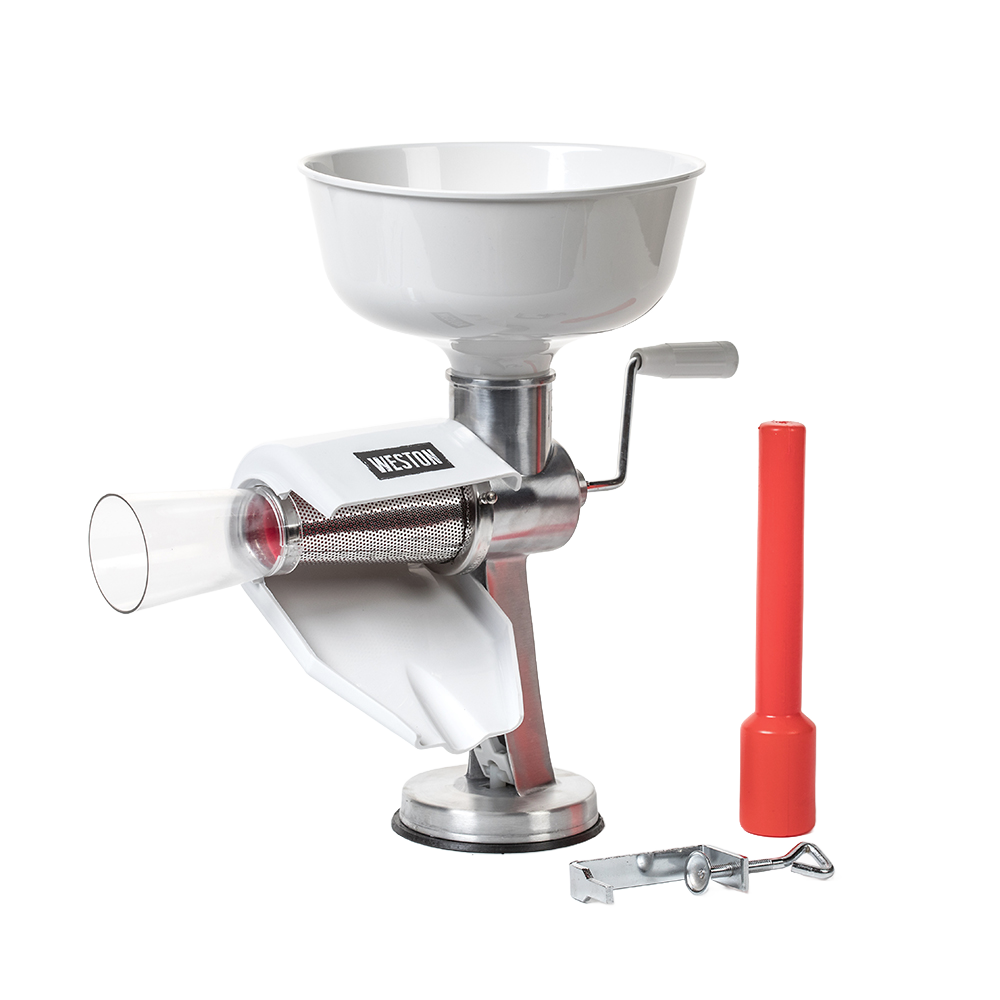 Handcrafted tomato press and sauce maker with a large white hopper and sturdy metal frame, clamps securely to surfaces, ideal for Kitchen & Food and Food Prep collections.