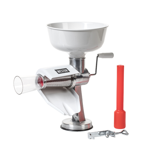 Handcrafted tomato press and sauce maker with a large white hopper and sturdy metal frame, clamps securely to surfaces, ideal for Kitchen & Food and Food Prep collections.