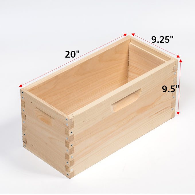 Handmade wooden deep nuc box with built-in handles, crafted in USA and Amish made, designed for five frames, featured in Farm, Garden & Tool, Beekeeping Supplies, and Best Sellers collections.