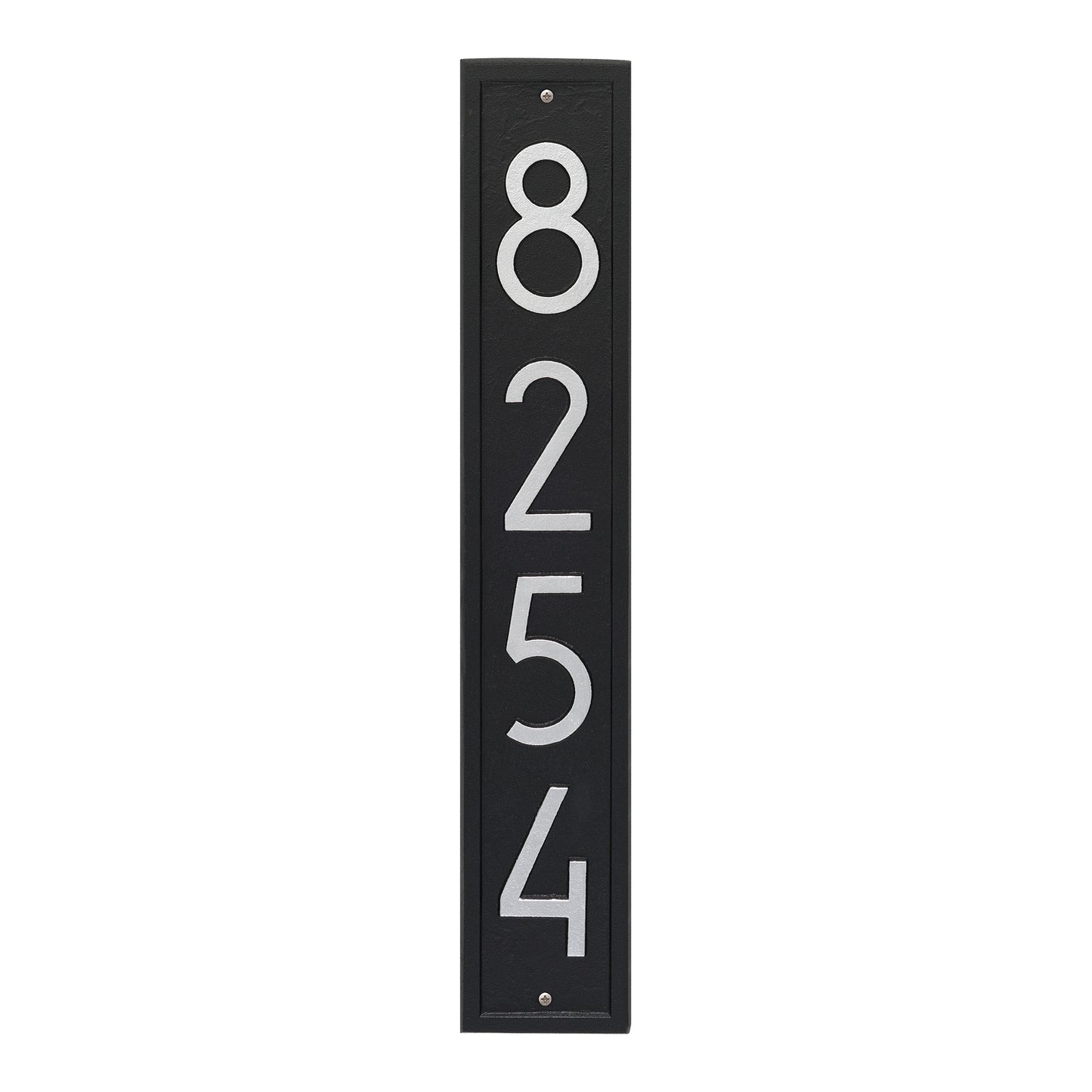 Tall black vertical address plaque featuring silver numbers 8254 in contemporary font, handcrafted in USA for Home & Decor, Mailboxes and Address Signs, and Best Sellers collections.