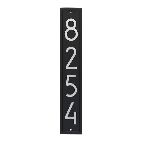 Tall black vertical address plaque featuring silver numbers 8254 in contemporary font, handcrafted in USA for Home & Decor, Mailboxes and Address Signs, and Best Sellers collections.