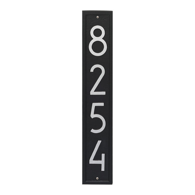 Tall black vertical address plaque featuring silver numbers 8254 in contemporary font, handcrafted in USA for Home & Decor, Mailboxes and Address Signs, and Best Sellers collections.