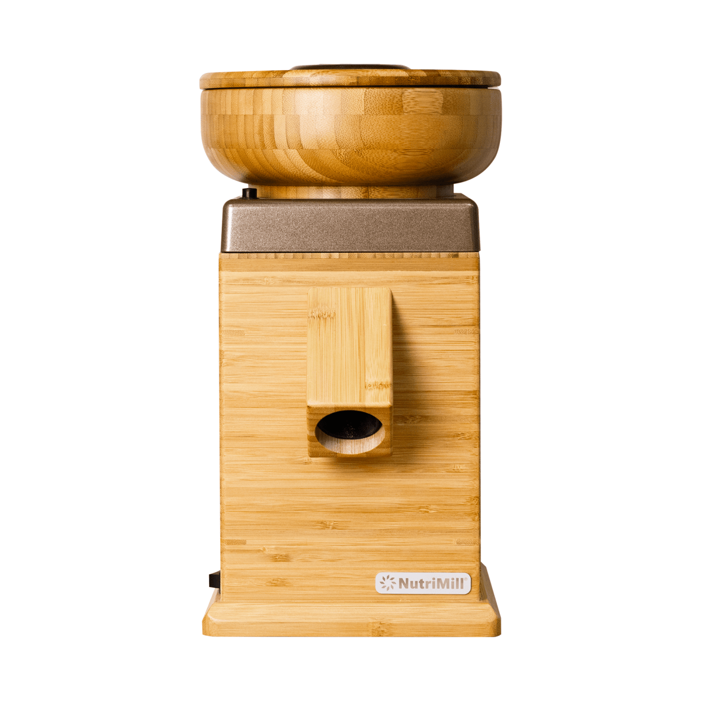 Front view of an electric grain mill with a natural bamboo finish and wooden grain hopper, designed for Kitchen & Food, Grain Mills, Best Sellers, and Bread Making Supplies collections.