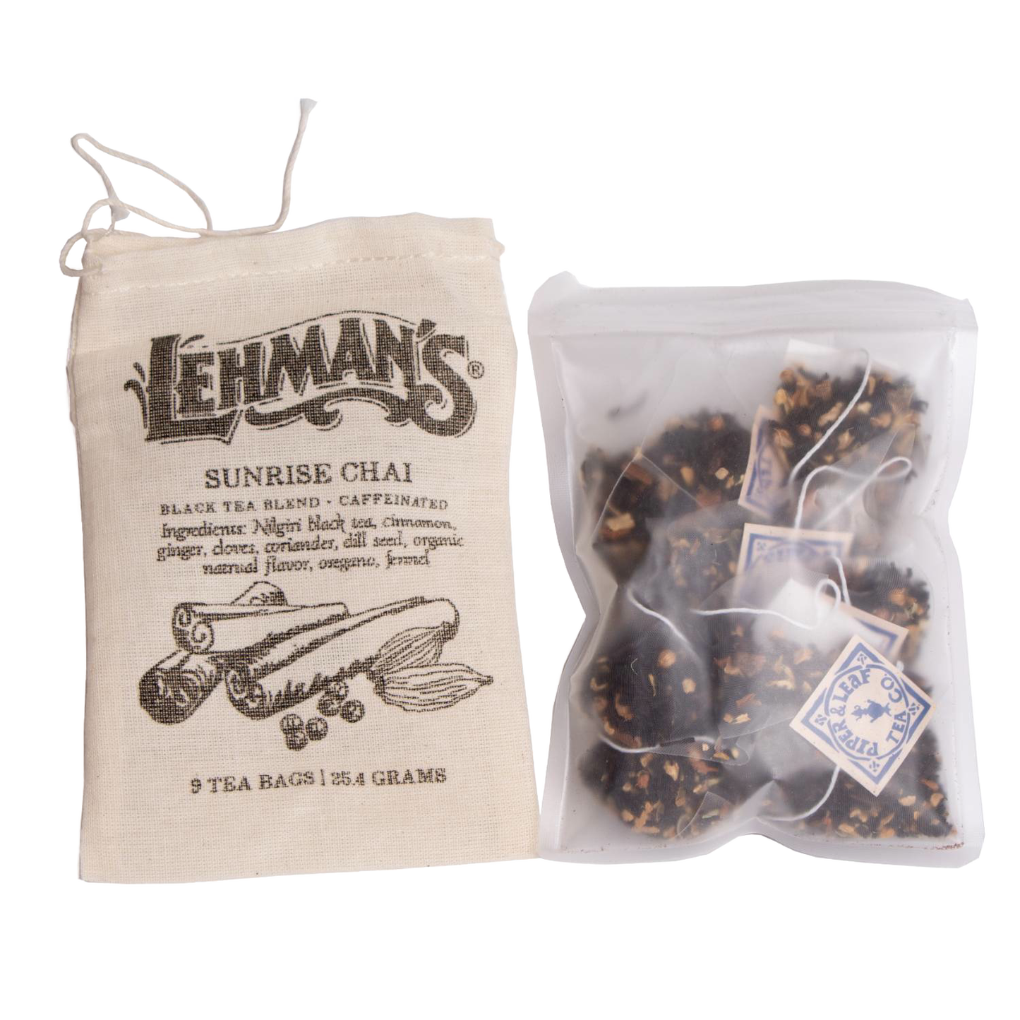 Cloth drawstring bag with vintage print containing nine handcrafted tea bags filled with a spicy chai blend, part of Kitchen & Food, Brewing Coffee and Tea, USA Made, Best Sellers collections.