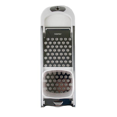 Handcrafted spaetzle maker featuring a stainless steel grater with large holes and white plastic frame, designed for easy noodle preparation, ideal for Kitchen & Food and Cooking Helpers collections.