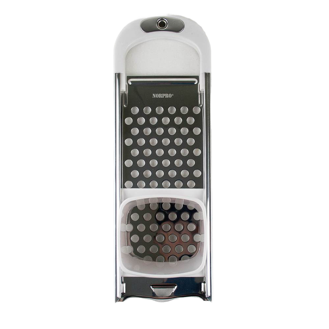 Handcrafted spaetzle maker featuring a stainless steel grater with large holes and white plastic frame, designed for easy noodle preparation, ideal for Kitchen & Food and Cooking Helpers collections.