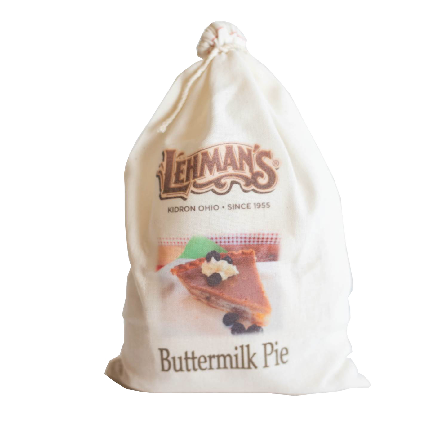 Soft drawstring cloth bag featuring Lehman’s logo and image of homemade buttermilk pie slice, handcrafted Amish style, perfect for Kitchen & Food, Snacks and Sweets, and Best Sellers collections.