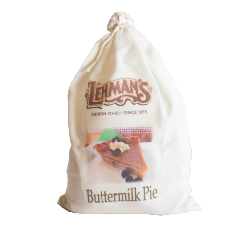 Soft drawstring cloth bag featuring Lehman’s logo and image of homemade buttermilk pie slice, handcrafted Amish style, perfect for Kitchen & Food, Snacks and Sweets, and Best Sellers collections.