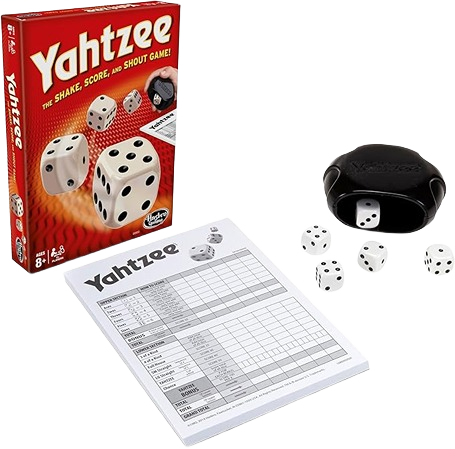 Classic Yahtzee Game set with red box, black dice cup with aluminum rim, five white dice, and score pad, featured in Toys, Books & Games, Children's Toys, Games and Puzzles, and Table and Board Games collections.
