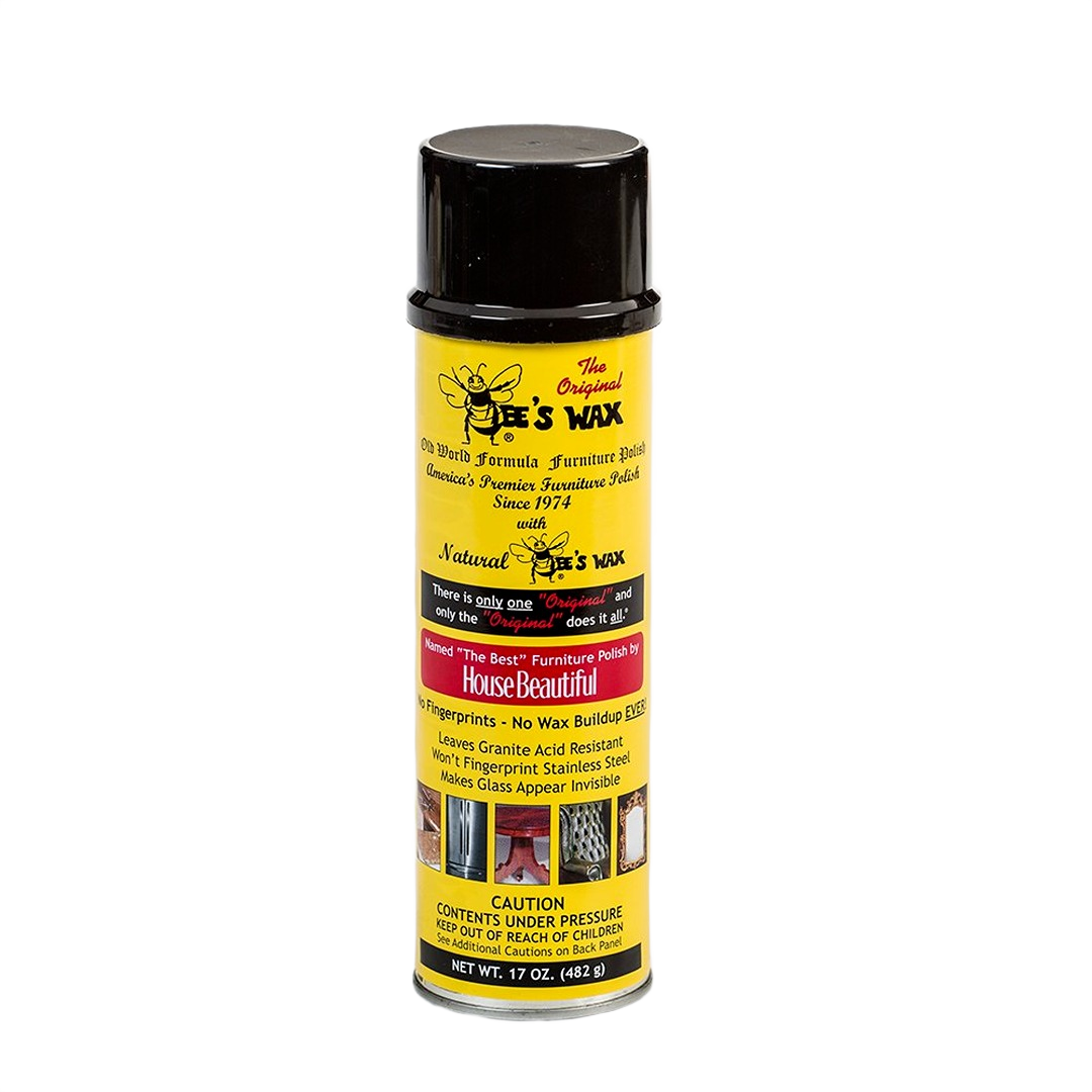 Yellow spray can of furniture polish featuring a beeswax formula that protects wood, resists fingerprints, and avoids wax buildup, part of Home & Decor, Household Cleaning, and USA Made collections.