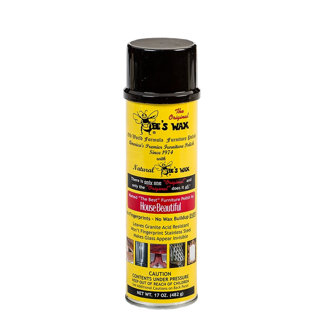 Yellow spray can of furniture polish featuring a beeswax formula that protects wood, resists fingerprints, and avoids wax buildup, part of Home & Decor, Household Cleaning, and USA Made collections.
