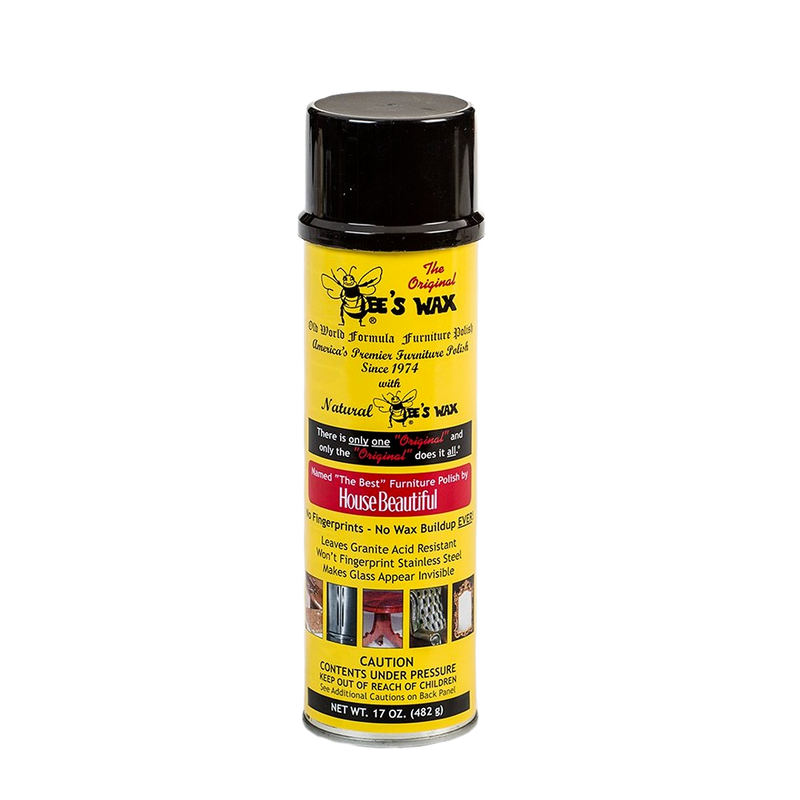 Yellow spray can of furniture polish featuring a beeswax formula that protects wood, resists fingerprints, and avoids wax buildup, part of Home & Decor, Household Cleaning, and USA Made collections.