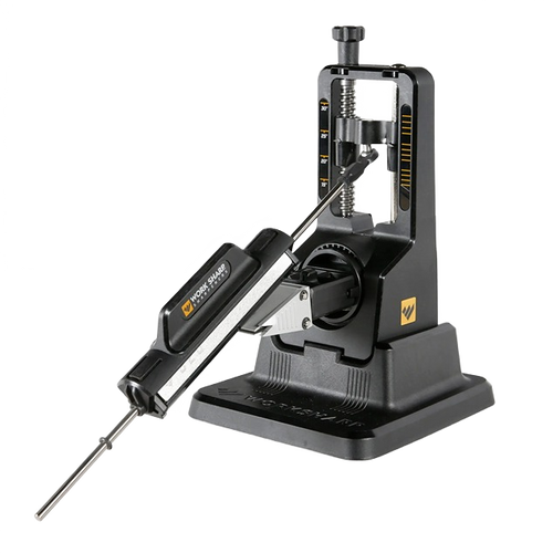 Compact precision knife sharpener with adjustable angle settings from 15° to 30°, featuring a sturdy black base and ergonomic handle, suitable for sharpening tools in kitchen, farm, and hand tool collections.