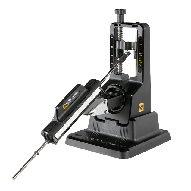 Compact precision knife sharpener with adjustable angle settings from 15° to 30°, featuring a sturdy black base and ergonomic handle, suitable for sharpening tools in kitchen, farm, and hand tool collections.