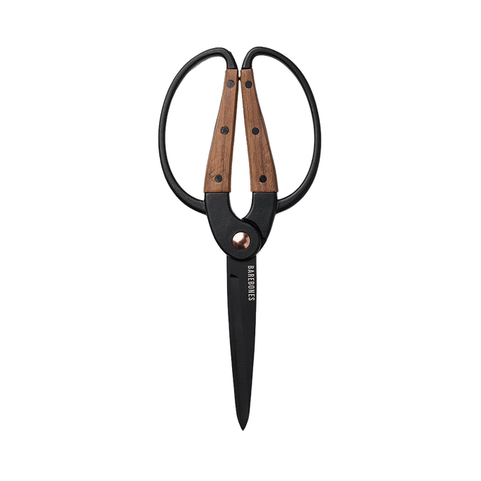 Large gardener’s scissors featuring heat-treated stainless steel blades with rust resistance and wide walnut handles, designed for comfortable use with gloves in Farm, Garden & Tool collections.