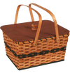 Handcrafted picnic basket woven with reeds and poplar staves, featuring a light stain, hunter green accents, wooden lid, and dual handles, perfect for camping and farm use.