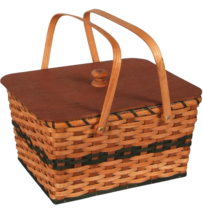 Handcrafted picnic basket woven with reeds and poplar staves, featuring a light stain, hunter green accents, wooden lid, and dual handles, perfect for camping and farm use.