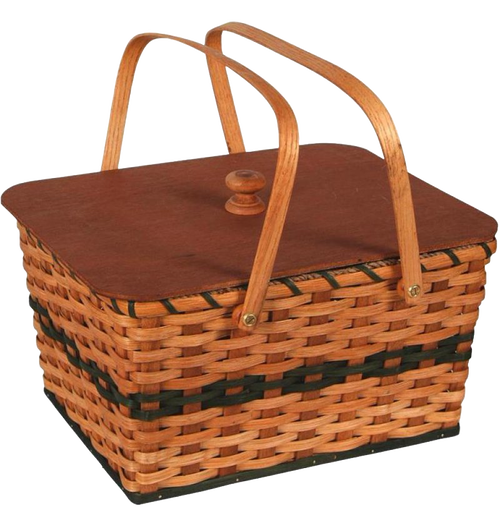 Handcrafted picnic basket woven with reeds and poplar staves, featuring a light stain, hunter green accents, wooden lid, and dual handles, perfect for camping and farm use.