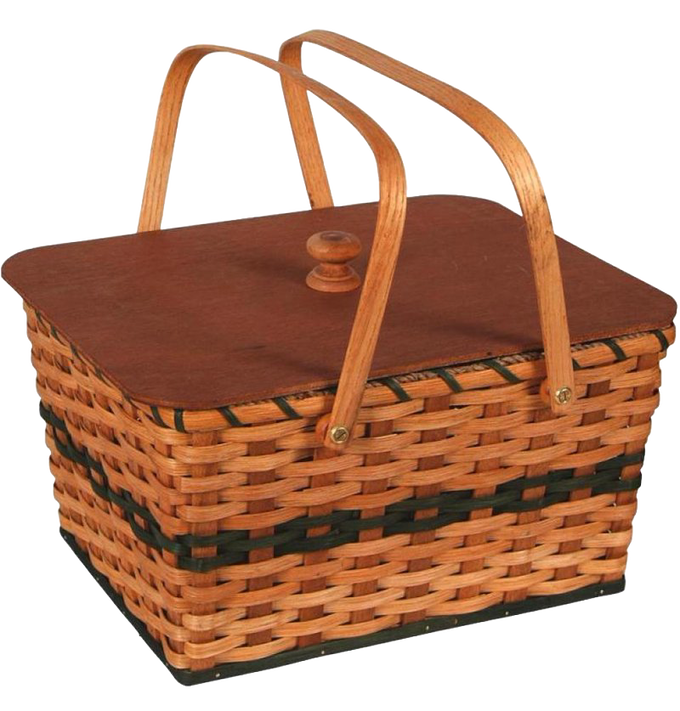 Handcrafted picnic basket woven with reeds and poplar staves, featuring a light stain, hunter green accents, wooden lid, and dual handles, perfect for camping and farm use.