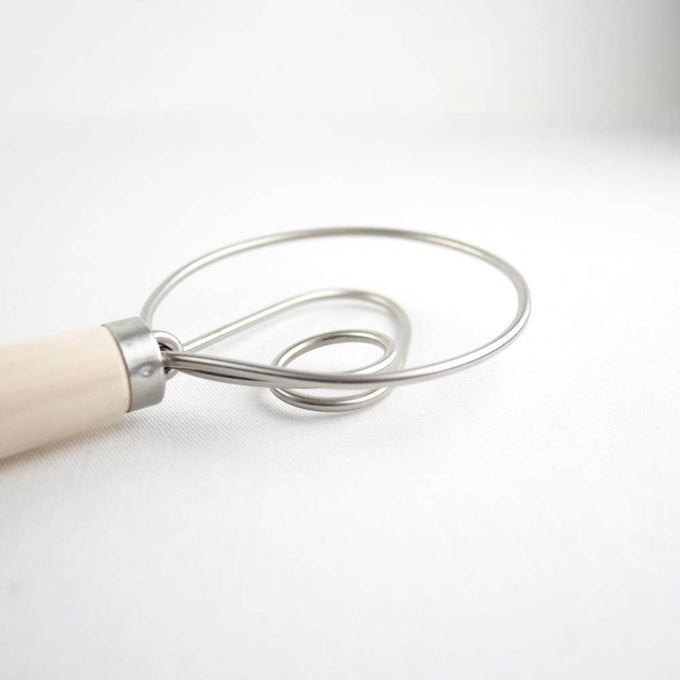 Handcrafted Amish made dough whisk featuring a natural wooden handle and two durable spiral metal wires, ideal for Kitchen & Food, Baking Supplies, and Cookware collections.