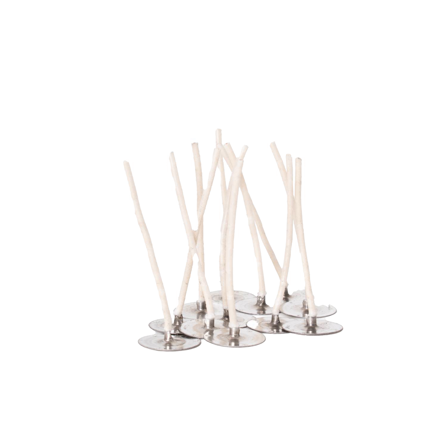Group of white cotton candle wicks attached to round metal sustainers, essential for beginner soy candle making in candlemaking supplies and lighting collections.